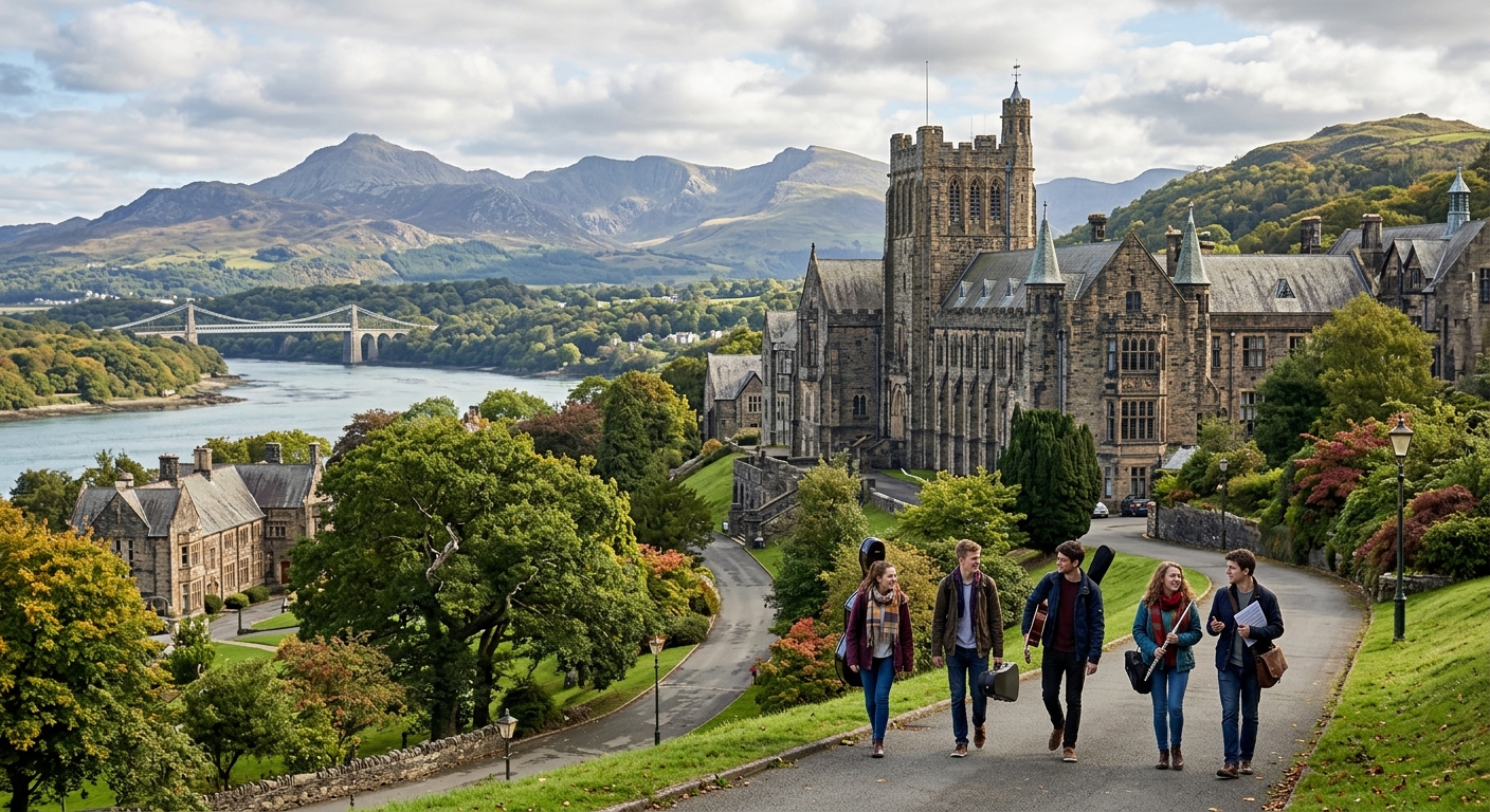 Historic Bangor University campus with stone buildings nestled between Snowdonia mountains and the Menai Strait in North Wales, music students walking along tree-lined paths with instrument cases