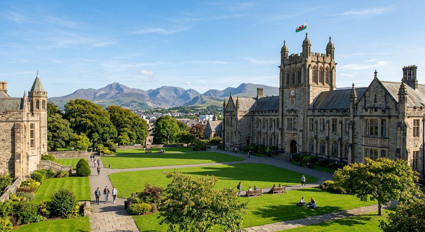 Historic Bangor University main arts building with stone architecture, green lawns, and Snowdonia mountains visible in the background under a clear blue sky in North Wales