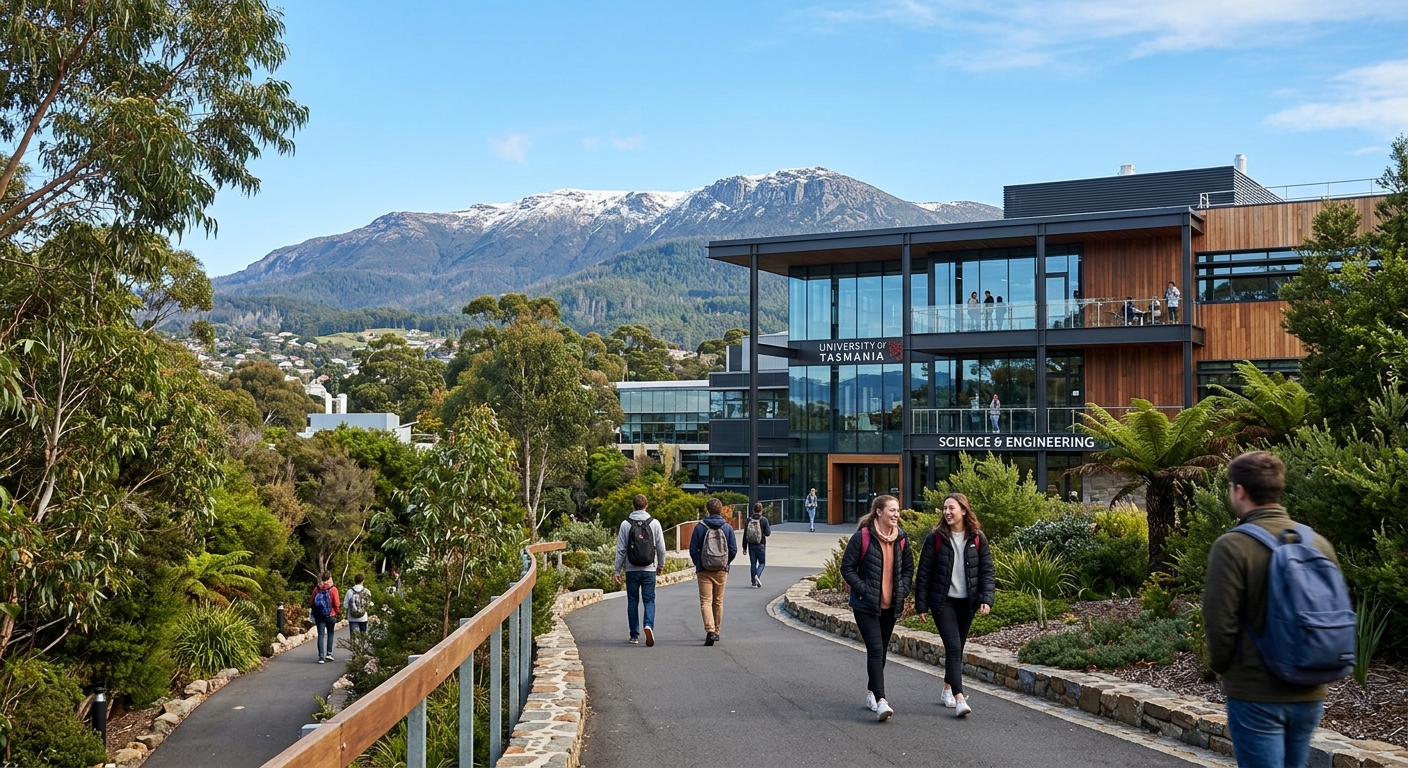 University of Tasmania Hobart campus with modern science and engineering building, students walking on pathways surrounded by lush Tasmanian greenery, Mount Wellington visible in the background under clear blue sky