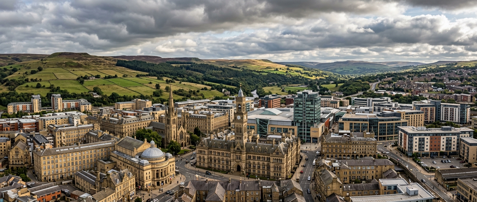 Bradford city skyline panorama, historic Victorian architecture mixed with modern buildings, Yorkshire hills in background, dramatic English sky
