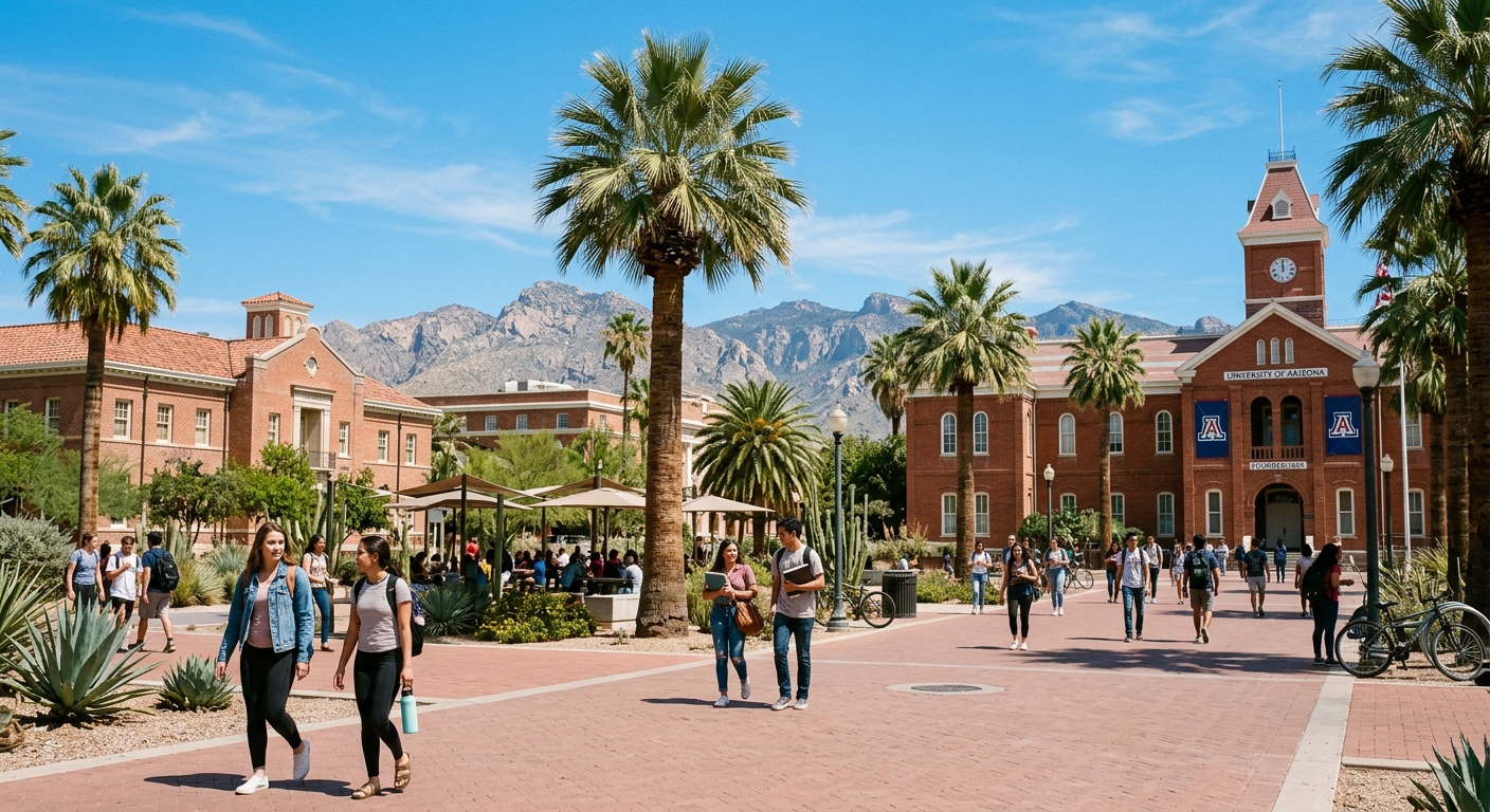 University of Arizona campus in Tucson with red brick buildings, palm trees, desert mountain backdrop, students walking through sunny courtyard, clear blue sky