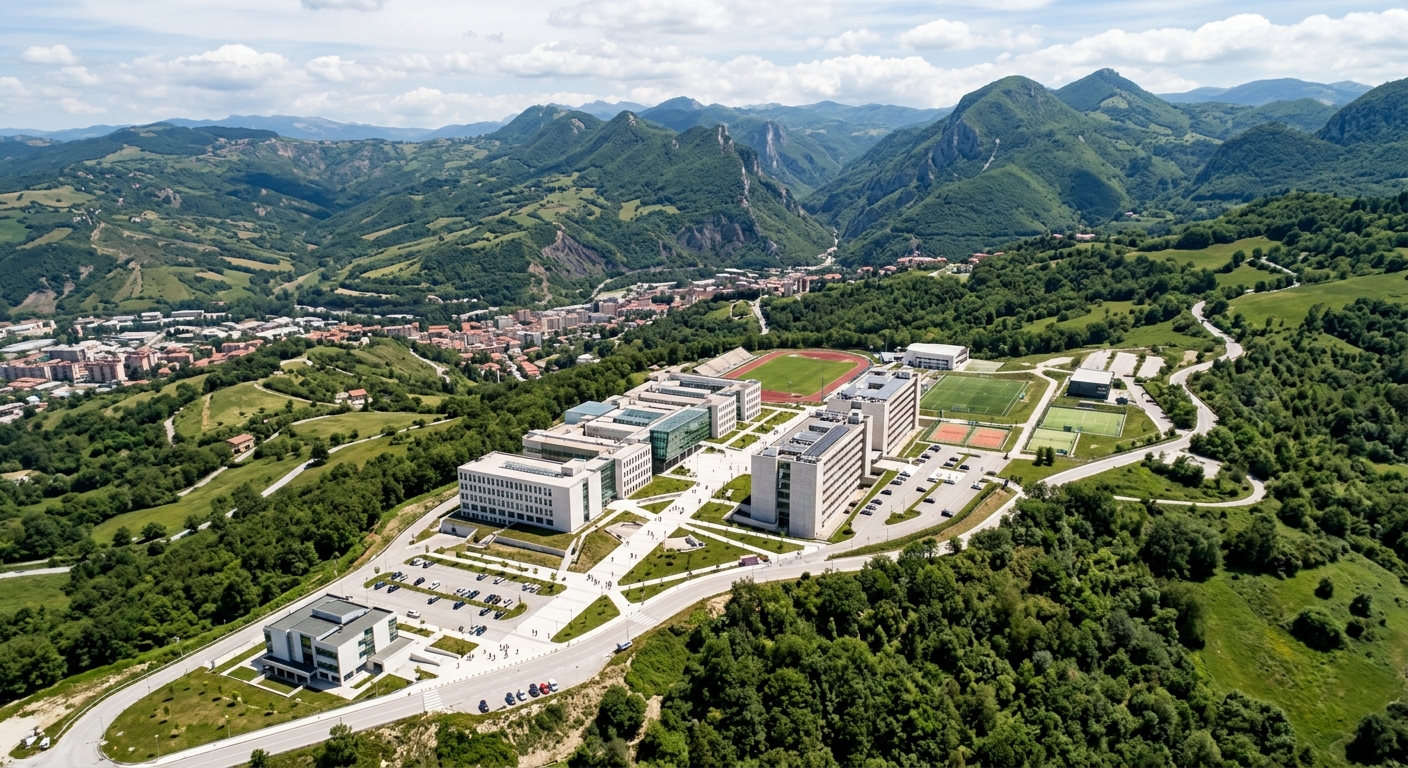 Aerial view of the University of Basilicata Macchia Romana campus in Potenza, modern university buildings surrounded by green Apennine mountain landscape, southern Italy