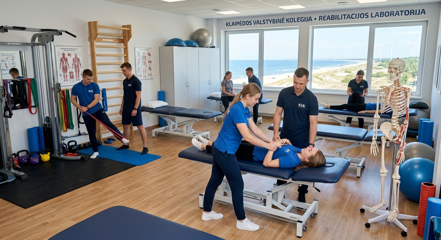 Modern physiotherapy training laboratory at Klaipeda State College with students practicing rehabilitation exercises, treatment tables, exercise equipment, and anatomical models in a bright clinical setting near the Baltic Sea coast