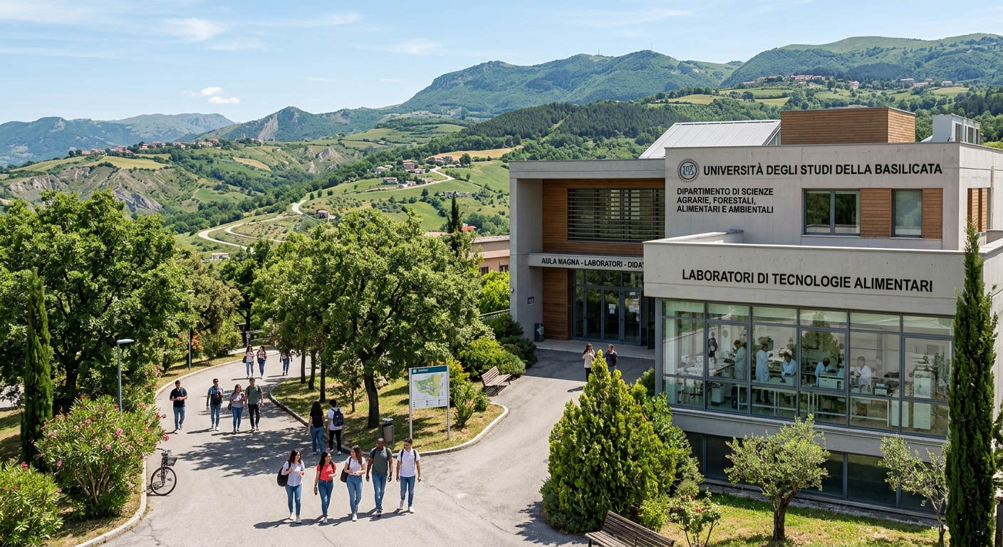University of Basilicata campus in Potenza, Italy, modern agricultural science building with food technology laboratories, students walking on tree-lined paths, rolling hills of Basilicata region in the background, bright Mediterranean sunlight