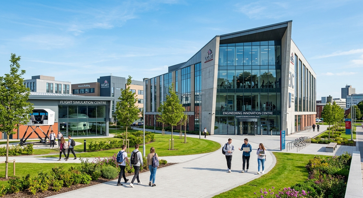Modern engineering campus at the University of Central Lancashire in Preston, featuring the Engineering Innovation Centre with glass facade, students walking near flight simulator facilities, with a clear sky and green landscaping
