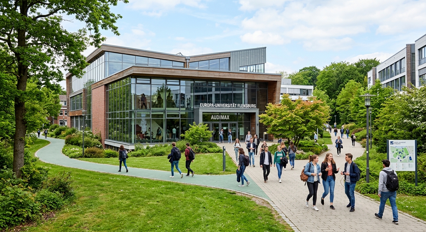 Europa-Universität Flensburg Audimax lecture hall, modern architecture with large glass windows, students walking on green pathways