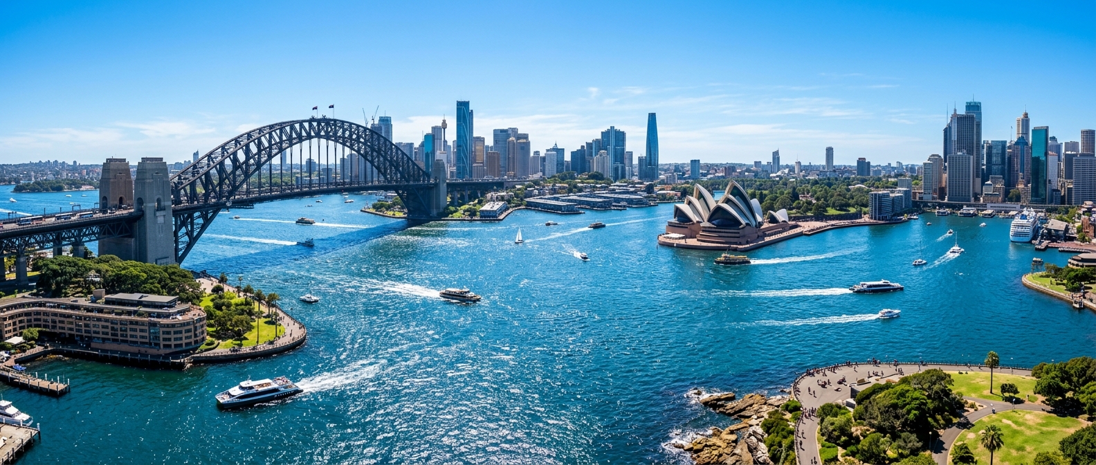 Panoramic view of Sydney harbour with the Opera House and Harbour Bridge, sparkling blue water, city skyline in background, sunny day with clear skies