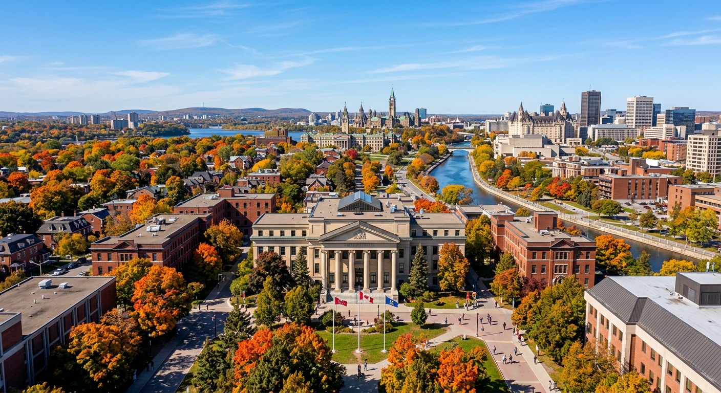 University of Ottawa campus wide shot featuring Tabaret Hall with its iconic columns, Sandy Hill neighbourhood, autumn foliage, Rideau Canal visible in the background, clear blue sky over Ottawa skyline