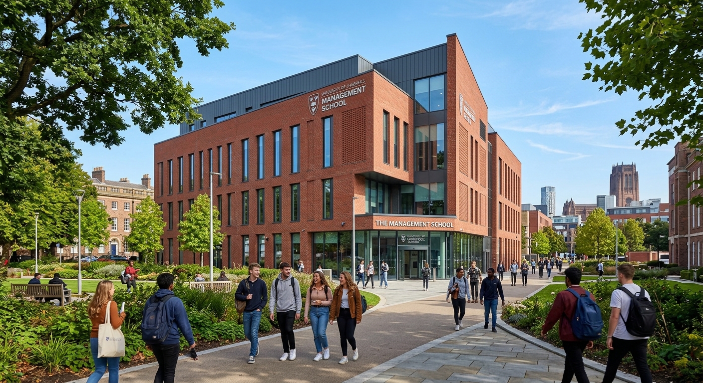 University of Liverpool Management School modern building exterior with red brick architecture, students walking on campus pathways, green trees and clear sky in Liverpool city centre