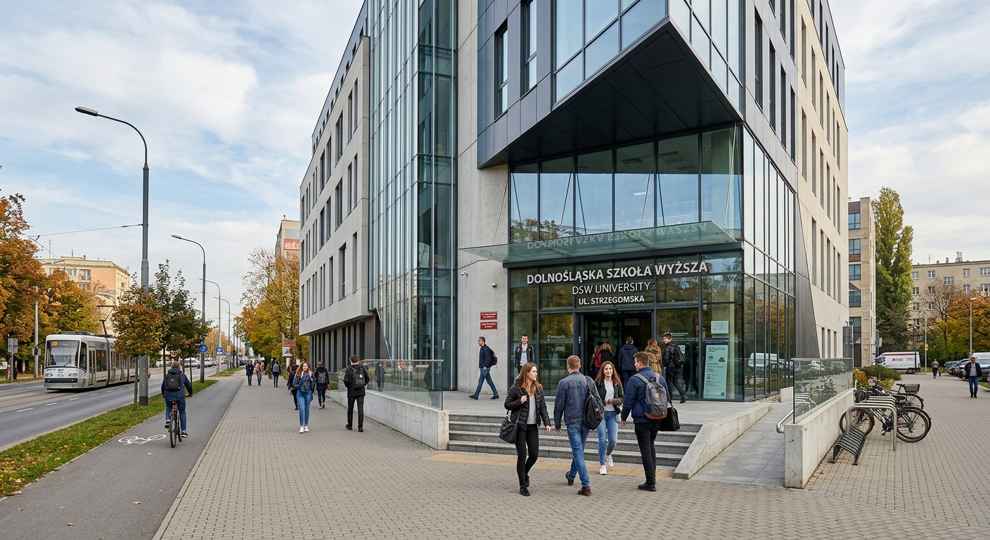 DSW University main building exterior on Strzegomska Street Wroclaw, modern academic architecture with glass entrance, students entering campus, European urban setting
