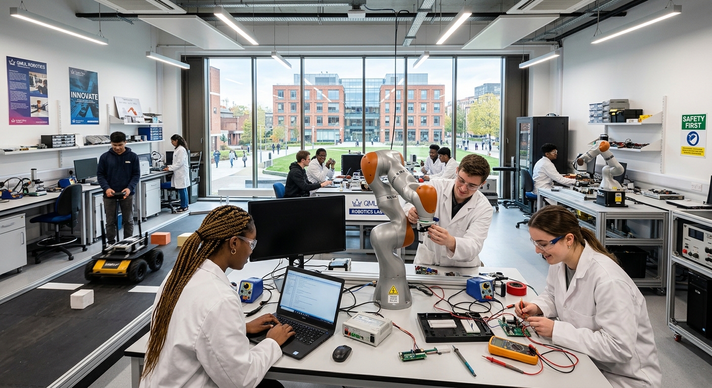 Modern robotics engineering laboratory at Queen Mary University of London, students working with robotic arms and mobile robots, electronic components on workbenches, bright overhead lighting, Mile End campus building visible through windows