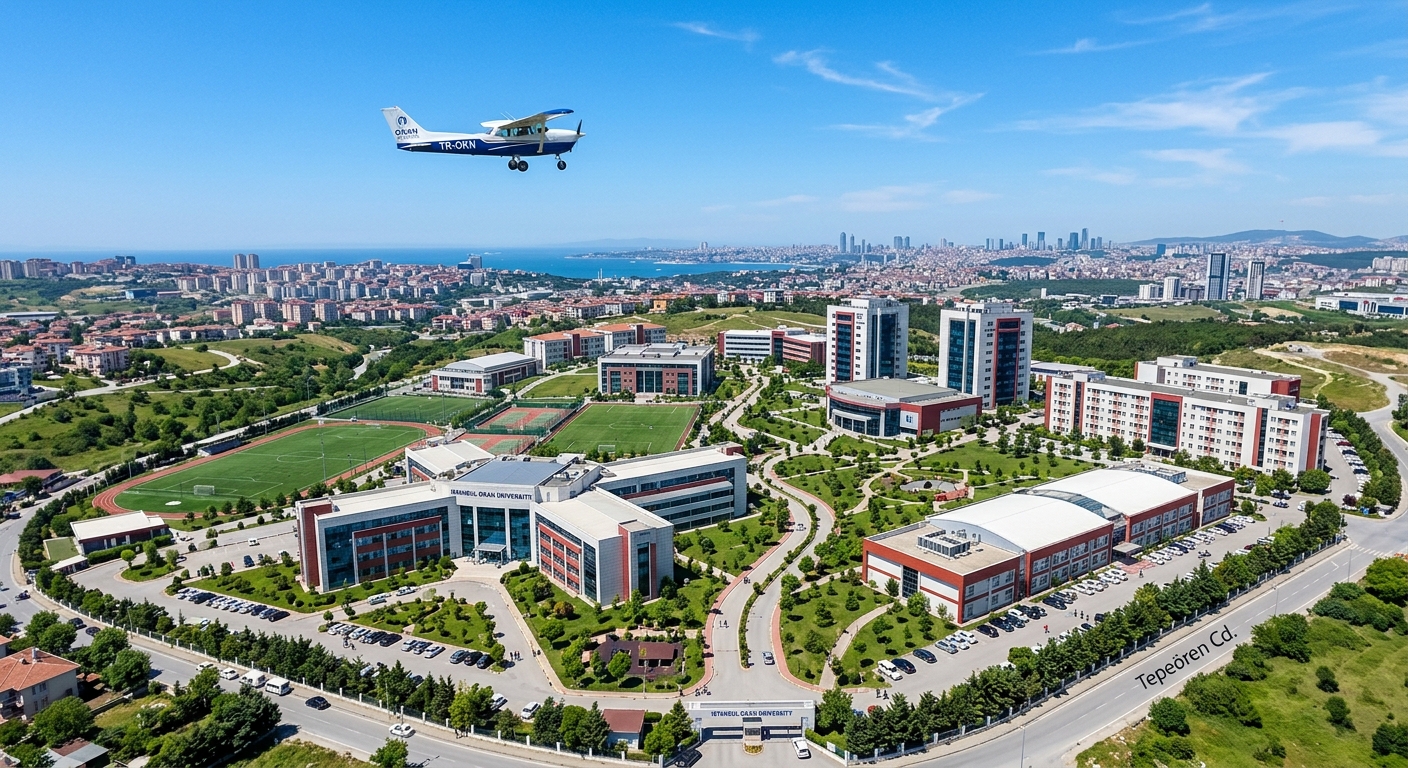 Istanbul Okan University campus aerial view with modern buildings, a small training aircraft flying overhead against a clear blue sky, green campus grounds and the Istanbul skyline visible in the background