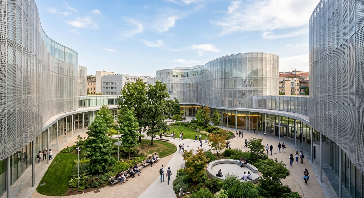 Bocconi University SANAA-designed new campus, perforated metal-clad modern buildings surrounding an open courtyard, green landscaping, contemporary university architecture in Milan