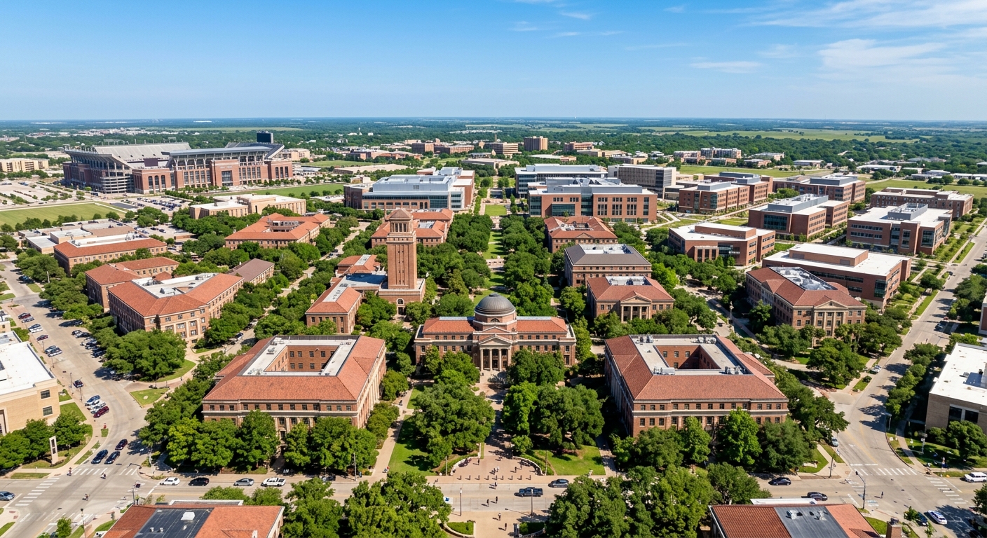 Aerial view of Texas A&M University campus in College Station, Texas, featuring red brick academic buildings, green tree-lined walkways, and students walking between modern research facilities under a clear blue sky