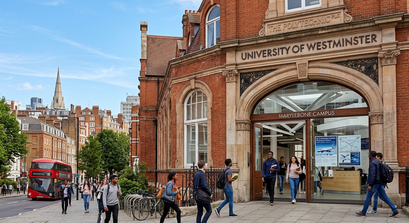 University of Westminster Marylebone Campus in central London, historic brick building with modern interior, students walking through entrance, aviation-themed academic posters visible, clear sky above London rooftops