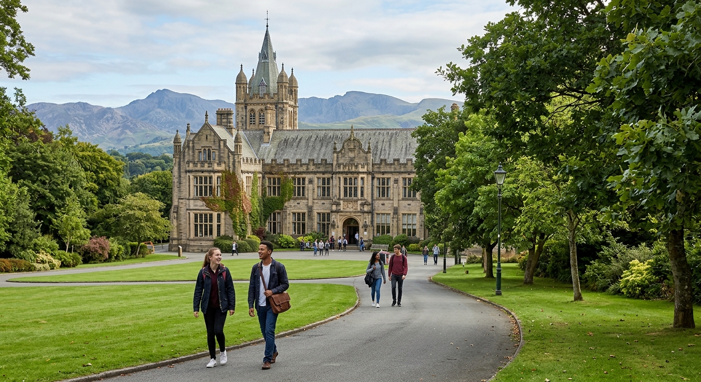 Historic Bangor University main arts building with Victorian architecture, green lawns in foreground, Snowdonia mountains visible in background, students walking along tree-lined paths in North Wales