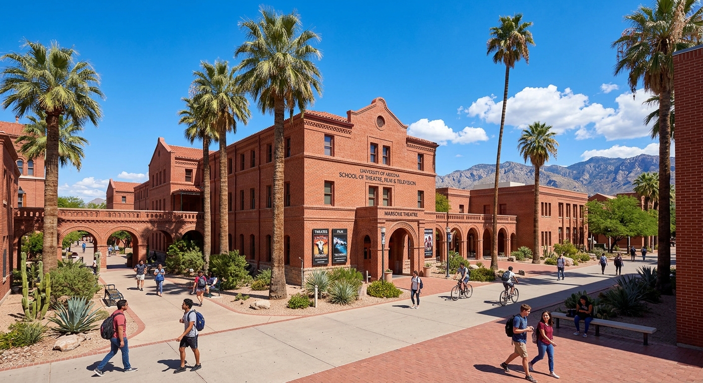 University of Arizona Tucson campus with red brick buildings, palm trees, and the School of Theatre Film and Television fine arts district under a bright blue desert sky