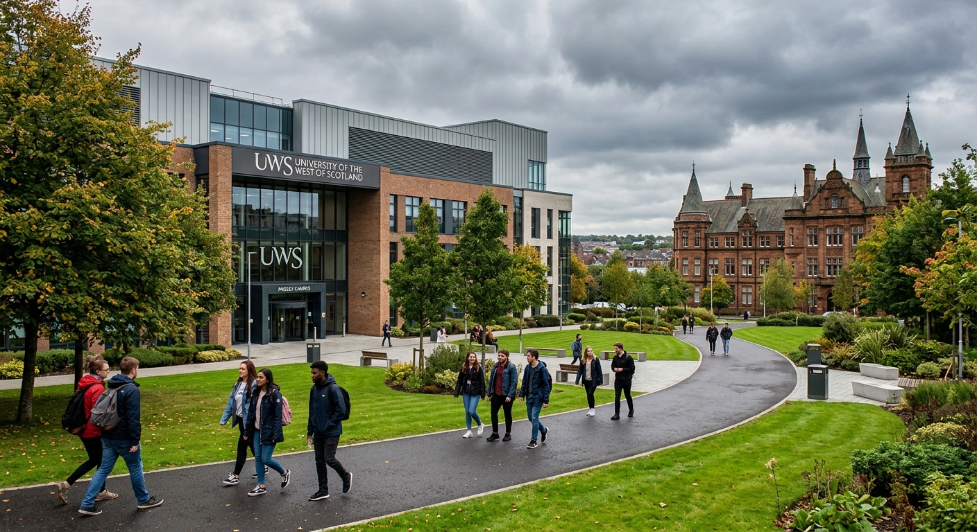 Modern university campus building at University of the West of Scotland Paisley campus, students walking along pathways with green landscaping, Scottish architecture in the background, overcast sky typical of Scotland