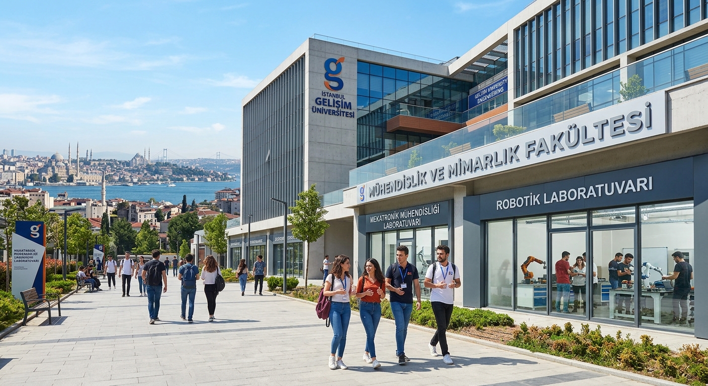 Modern engineering campus building at Istanbul Gelisim University in Avcilar district, students walking near mechatronics and robotics laboratories, Istanbul skyline visible in background, bright daylight