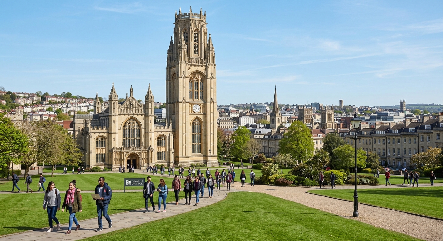 University of Bristol historic Wills Memorial Building tower with Gothic architecture, students walking across campus grounds, green lawns, clear sky over Bristol city centre