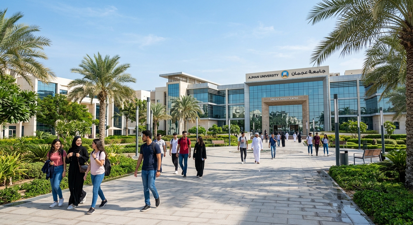 Modern campus of Ajman University in the United Arab Emirates, featuring contemporary architecture with glass facades, palm trees, and students walking along pathways under clear blue skies