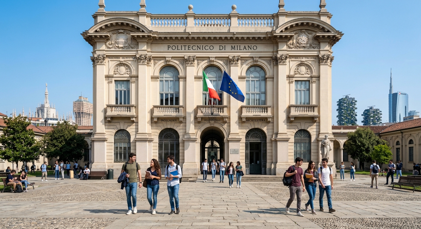 Politecnico di Milano Leonardo campus historic building facade with classical architecture, engineering students walking through courtyard, Italian flag, clear blue sky over Milan cityscape