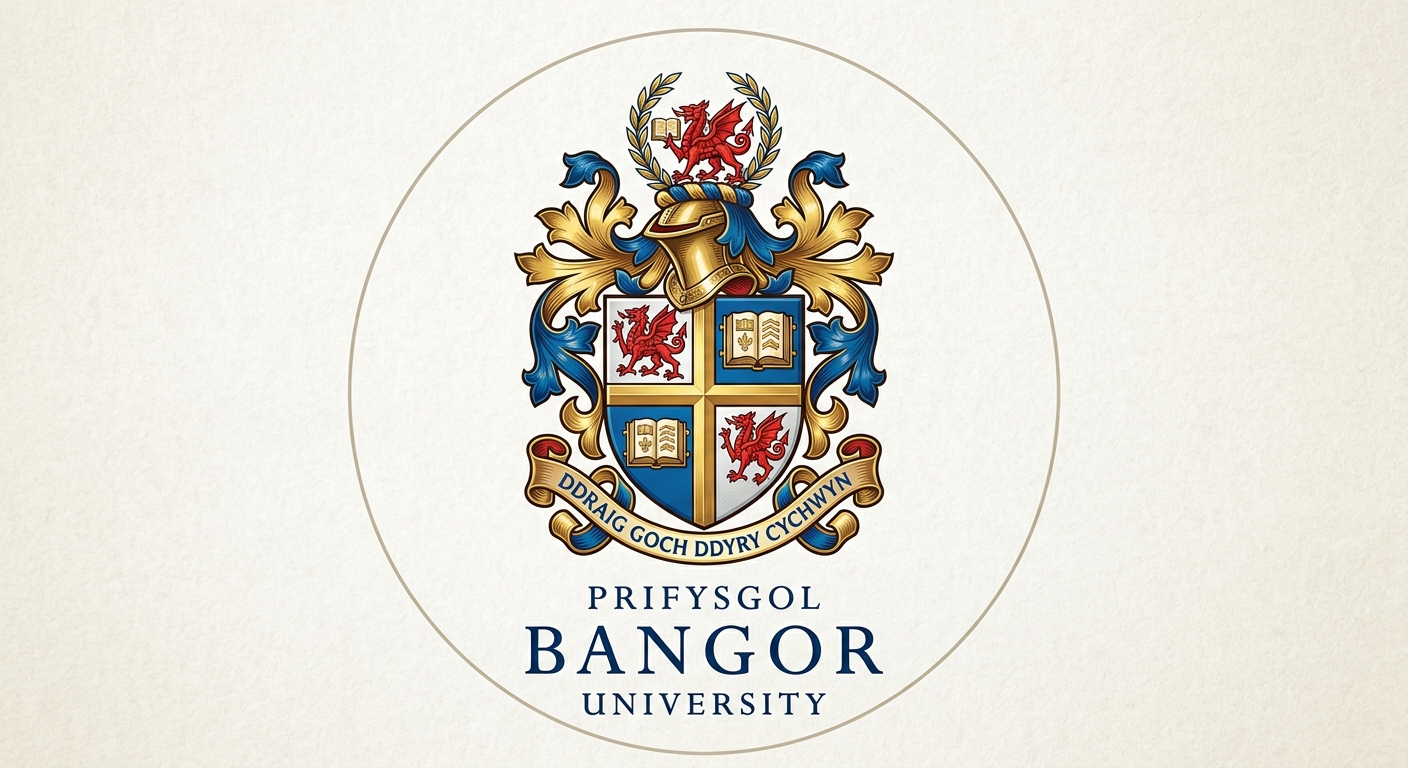 Bangor University official crest logo featuring a shield with a dragon and open book, with the text Prifysgol Bangor University