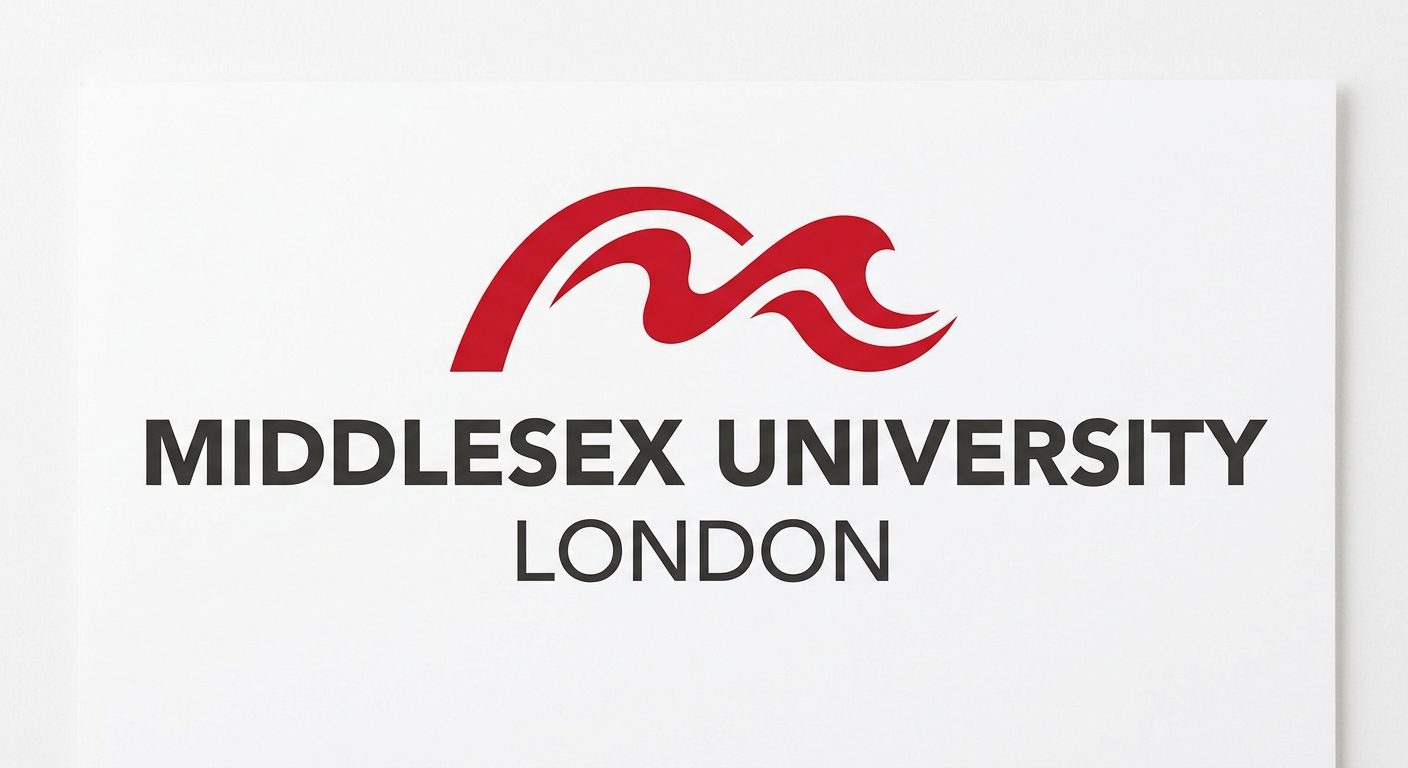 Middlesex University logo, red wavy line design above the words Middlesex University London, white background