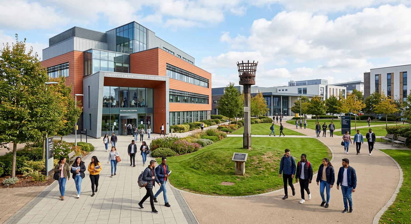 De Havilland Campus at University of Hertfordshire, contemporary law court building, landscaped grounds with historic beacon landmark, students walking between buildings