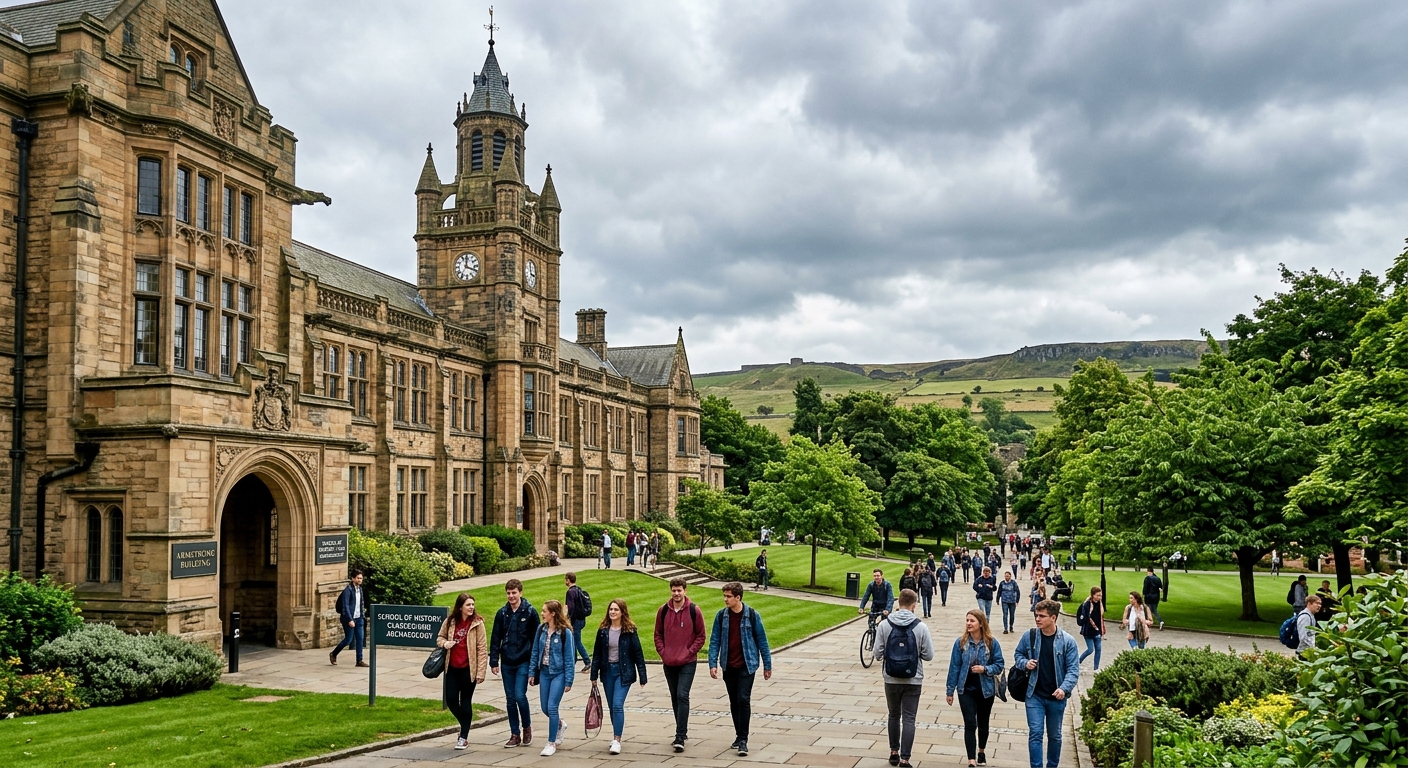 Newcastle University Armstrong Building exterior with historic stone architecture, green campus grounds, students walking near the School of History Classics and Archaeology, Hadrian's Wall landscape visible in the background, overcast English sky