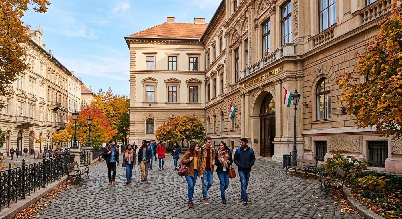 McDaniel College Budapest campus building in a historic Budapest neighborhood, international students walking through courtyard with European architecture, bright autumn day with trees lining the street