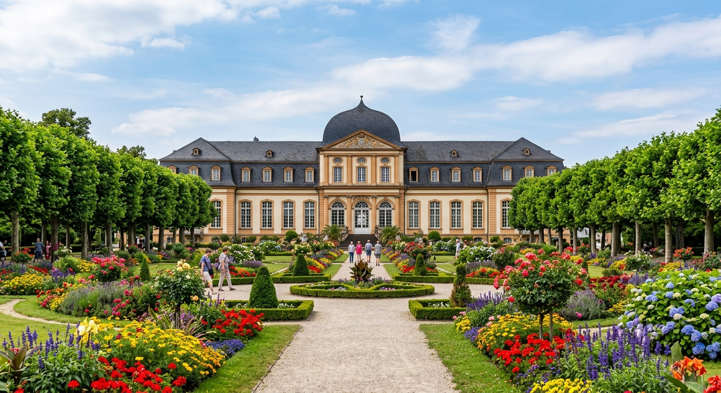 Poppelsdorf Palace at University of Bonn, symmetrical baroque building with botanical gardens in foreground, colorful flowers, tree-lined Poppelsdorfer Allee visible