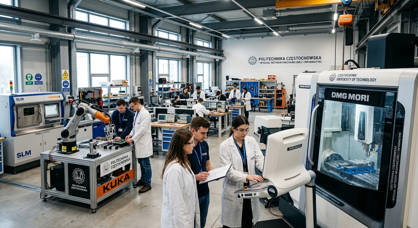 High-tech engineering laboratory at Częstochowa University of Technology, students working with modern equipment and machinery, bright lighting, industrial setting