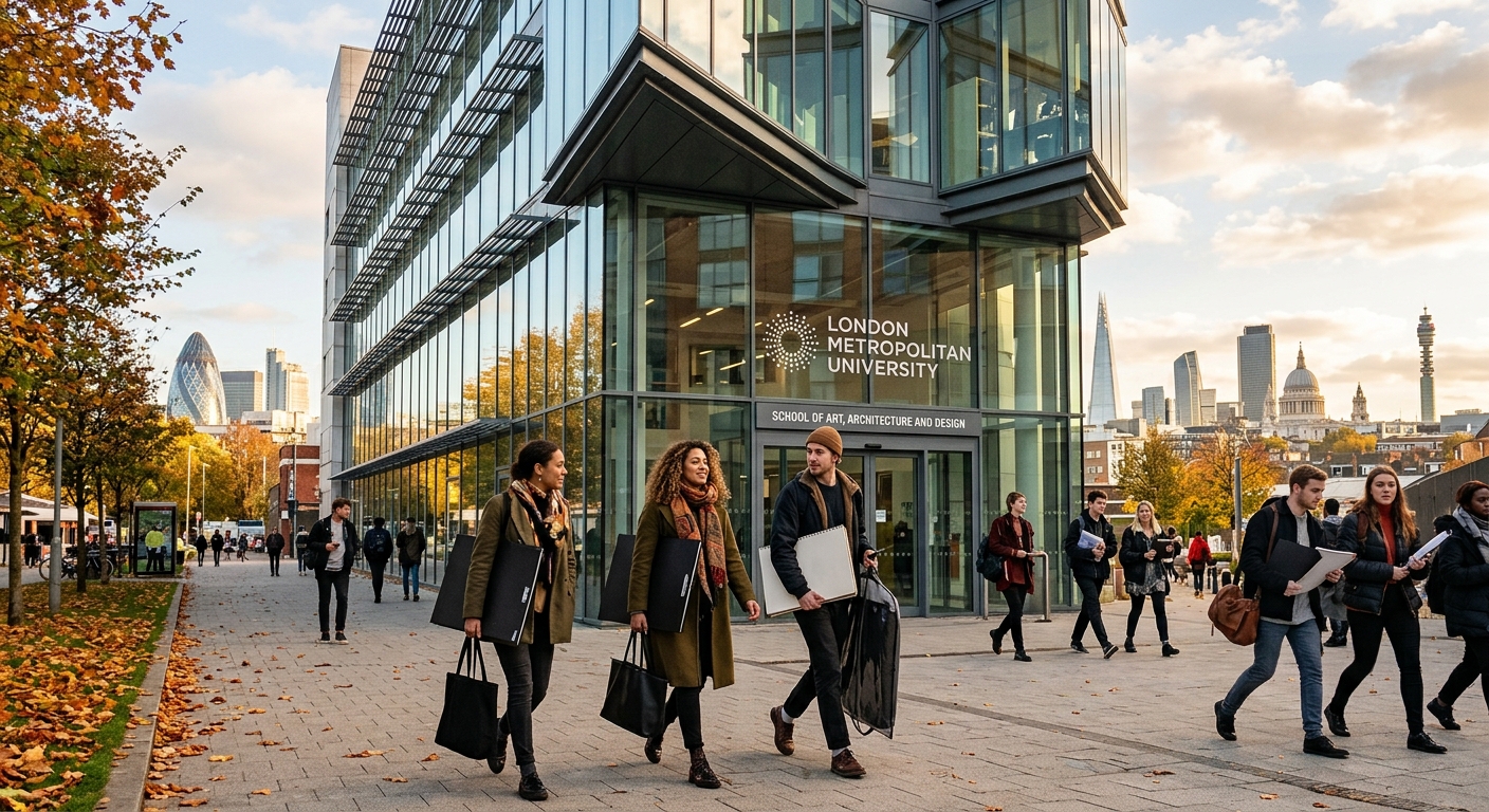 Modern London Metropolitan University campus building with glass facade, fashion students walking outside carrying portfolios, London cityscape in background with iconic landmarks visible, autumn afternoon light