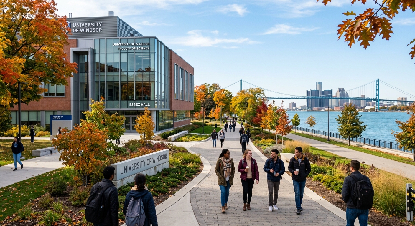 University of Windsor campus with modern Faculty of Science building, students walking along tree-lined pathways near the Detroit River waterfront, bright autumn day in Ontario Canada