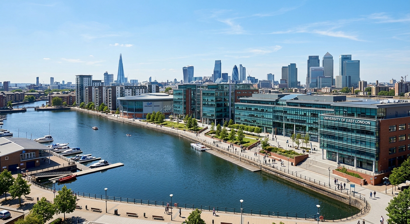 University of East London Docklands campus wide-shot with modern glass buildings along the Royal Albert Dock waterfront, London skyline in background, clear blue sky