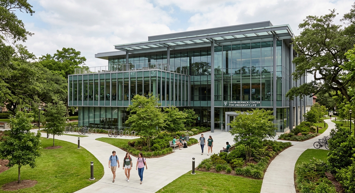 Tulane University Lavin-Bernick Center for University Life, modern glass and steel building with students walking on pathways surrounded by greenery