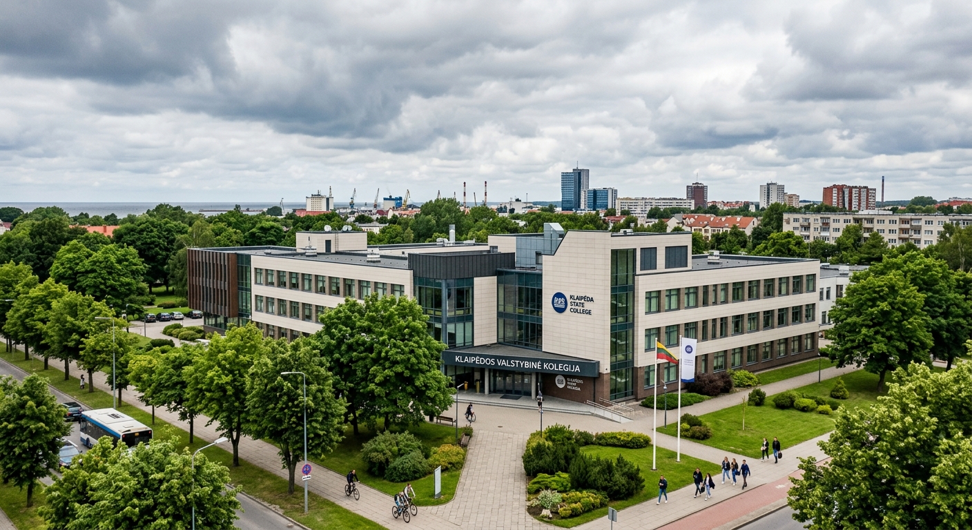 Klaipeda State College main campus building on Jaunystes Street, modern institutional architecture surrounded by green trees, Klaipeda city skyline in background, overcast Baltic sky