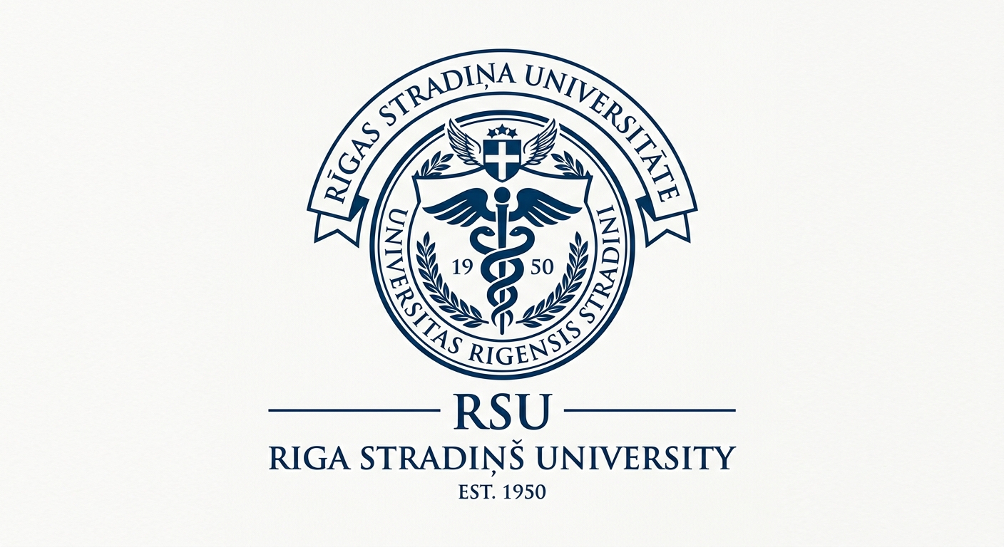 Riga Stradiņš University official logo, featuring the RSU emblem with a stylized caduceus medical symbol and university name in dark blue lettering