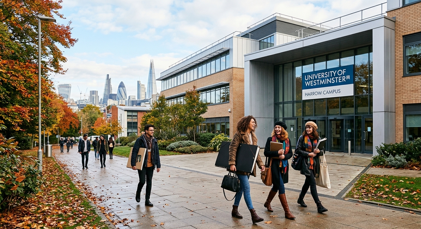 University of Westminster Harrow campus exterior with modern architecture, fashion students walking with portfolios, London skyline in the background, vibrant autumn atmosphere