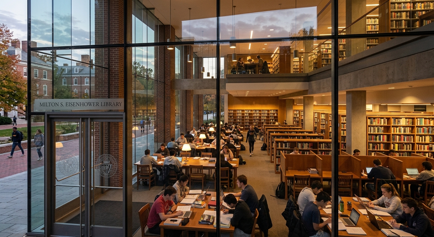 Johns Hopkins University Milton S. Eisenhower Library, modern glass and brick exterior, students studying at tables inside, warm interior lighting, bookshelves visible