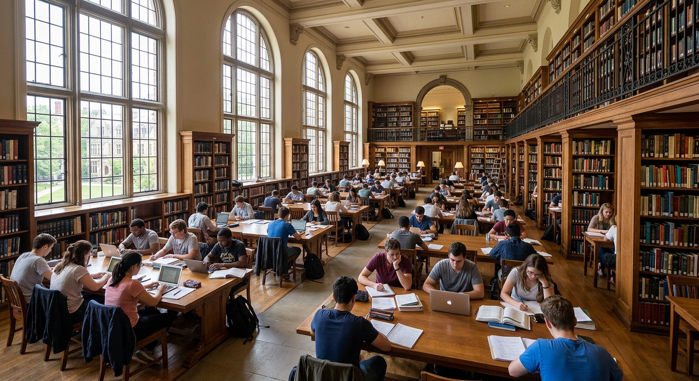 University library interior with bookshelves, reading areas, students studying at desks, natural light from large windows