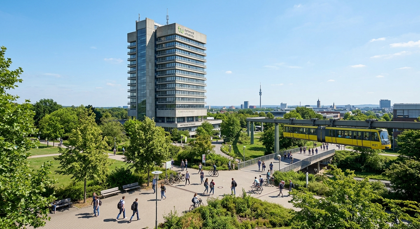 TU Dortmund University Mathetower (Mathematics Tower) rising above the green campus landscape, modern architecture with glass facades, students walking on pathways between North and South campus, H-Bahn monorail visible in the background, clear sky over Dortmund