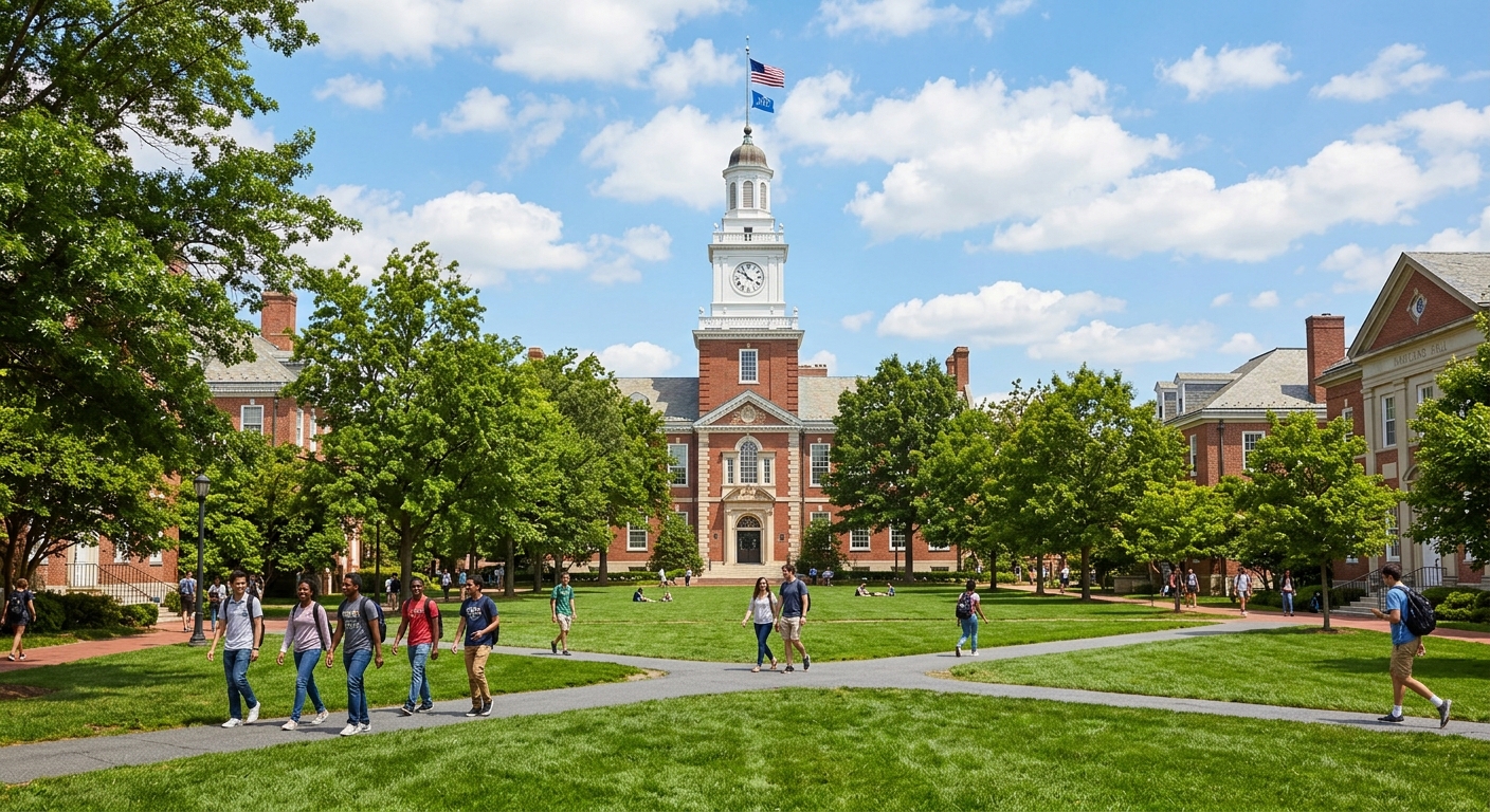 Johns Hopkins University Homewood campus with historic red-brick buildings, green lawns, and the iconic Gilman Hall clocktower in Baltimore, Maryland, on a sunny day with students walking along tree-lined paths