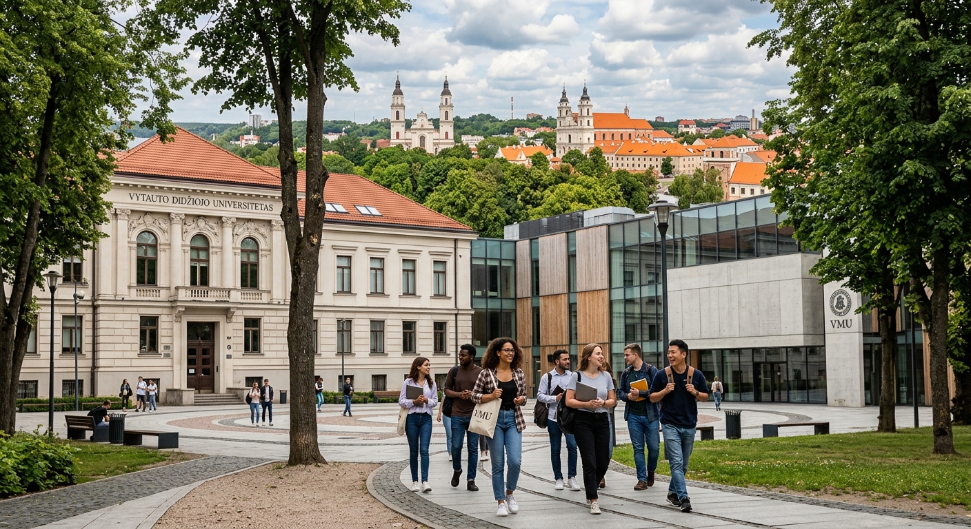 Vytautas Magnus University campus in Kaunas Lithuania, historic European university building with modern architecture, international students walking through tree-lined courtyard, Baltic cityscape in the background