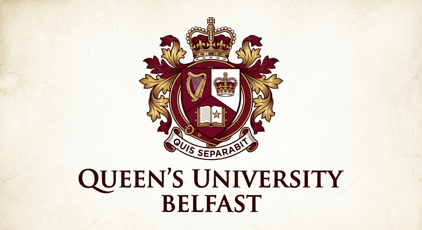 Queen's University Belfast official crest logo featuring a shield with harp and crown motifs, university name text below in dark red and white