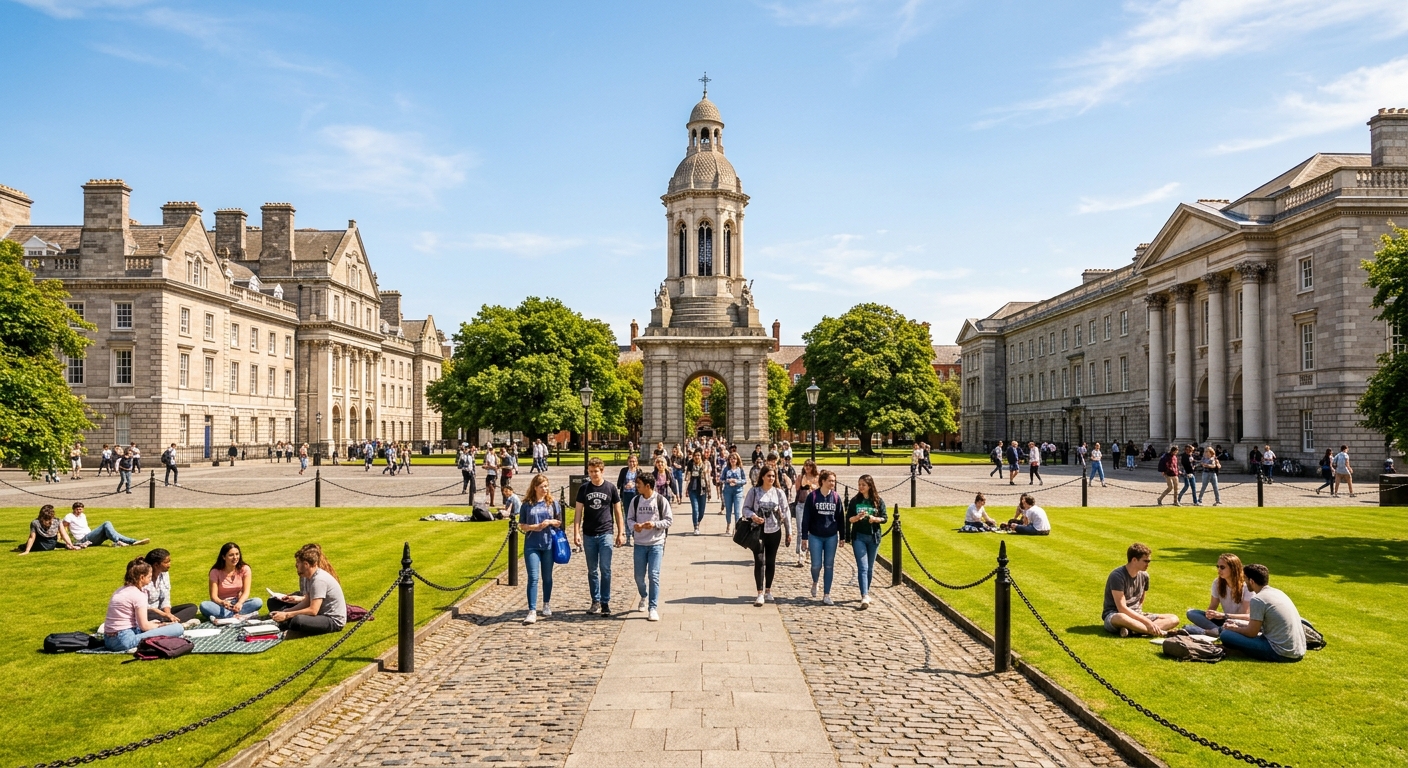 Trinity College Dublin Front Square on a sunny day showing the Campanile bell tower, cobblestone paths, manicured green lawns, and classical stone buildings with students relaxing and walking