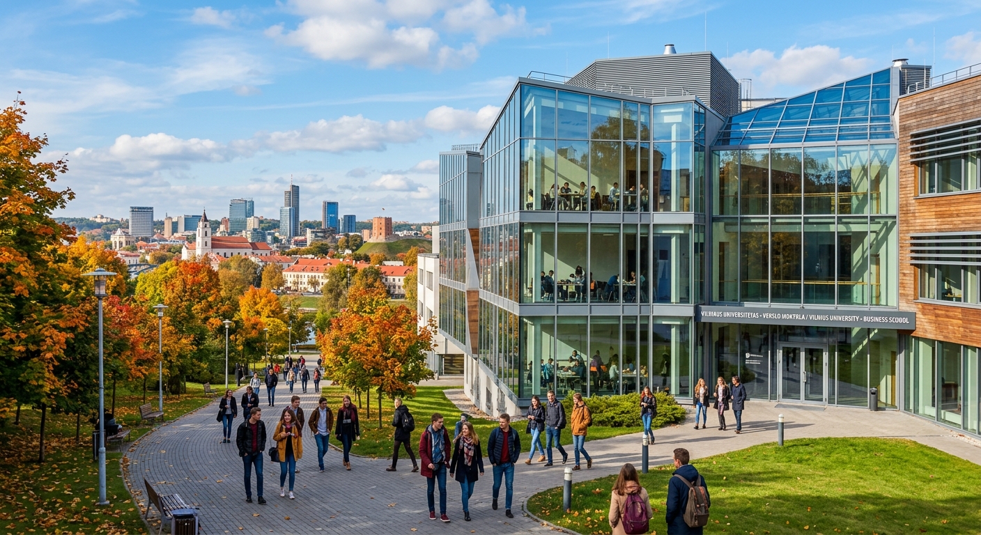 Vilnius University Business School modern campus building with glass facade, students walking along tree-lined pathways in Sauletekio avenue, Vilnius cityscape in background with mix of historic and modern architecture, bright autumn day