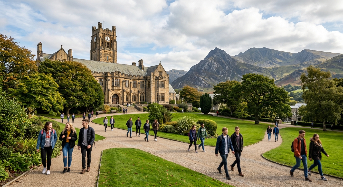 Bangor University historic main arts building with clock tower set against Snowdonia mountains, students walking on campus paths with green lawns and trees in North Wales