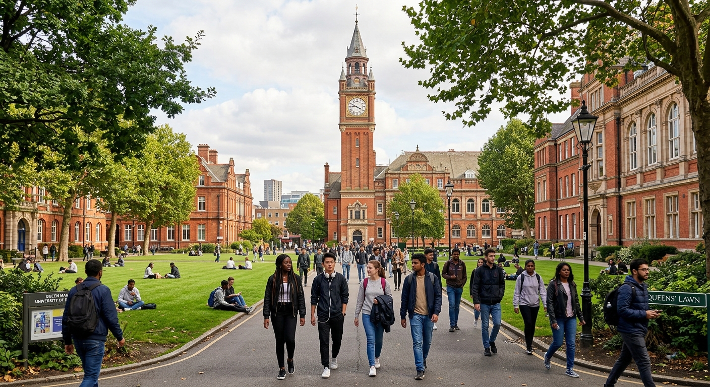 Queen Mary University of London Mile End campus with historic clock tower, red brick buildings, green lawns, and diverse students walking along tree-lined pathways in East London